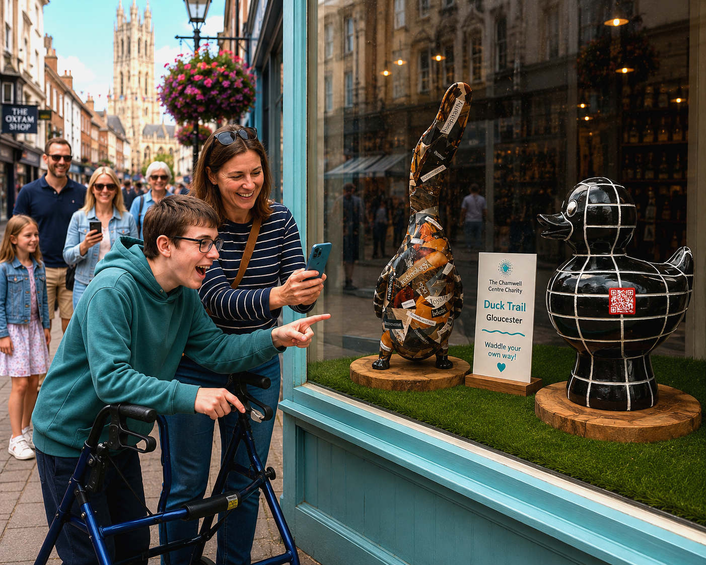 A young person using a walking frame and a companion look excitedly at decorated ducks in a Gloucester shop window for The Chamwell Centre Charity Duck Trail